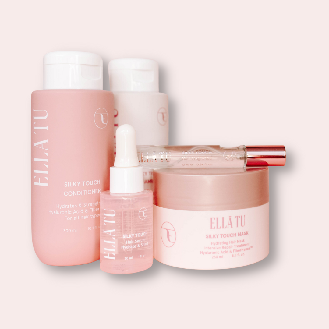 שגרת טיפוח שיער מלאה של ELLĀTU Silky Touch עם שמפו, מרכך, מסכת שיער, סרום ובושם לשיער