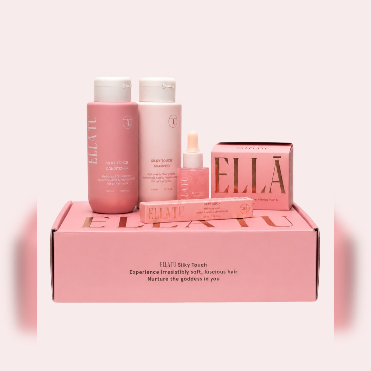 מוצרי טיפוח שיער ELLĀTU Silky Touch – שמפו, מרכך, מסכה, סרום ובושם לשיער בריא, רך ומבריק