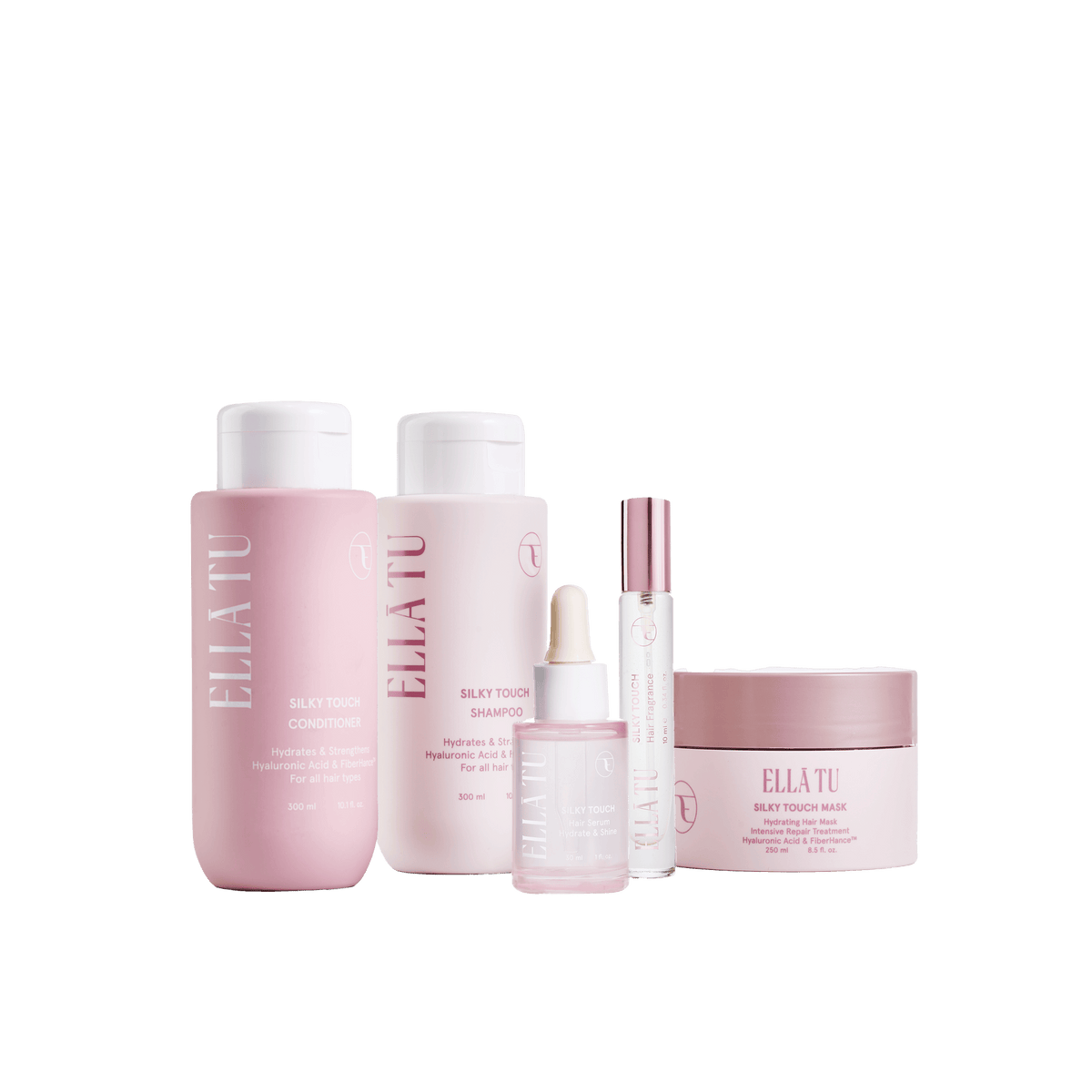 סדרת טיפוח השיער ELLĀTU Silky Touch הכוללת שמפו, מרכך, מסכת שיער, סרום ובושם לשיער לשיקום שיער יבש ופגום